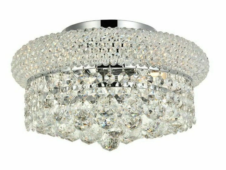 Primo 4 Light Crystal Flush Mount Chrome 12 in: Primo 4 Light Crystal Flush Mount Chrome 12 in Modern 4-light crystal flush mount chandelier in chrome finish, designed for indoor use. It features clear Royal Cut crystals, clear glass, and a metal/s
