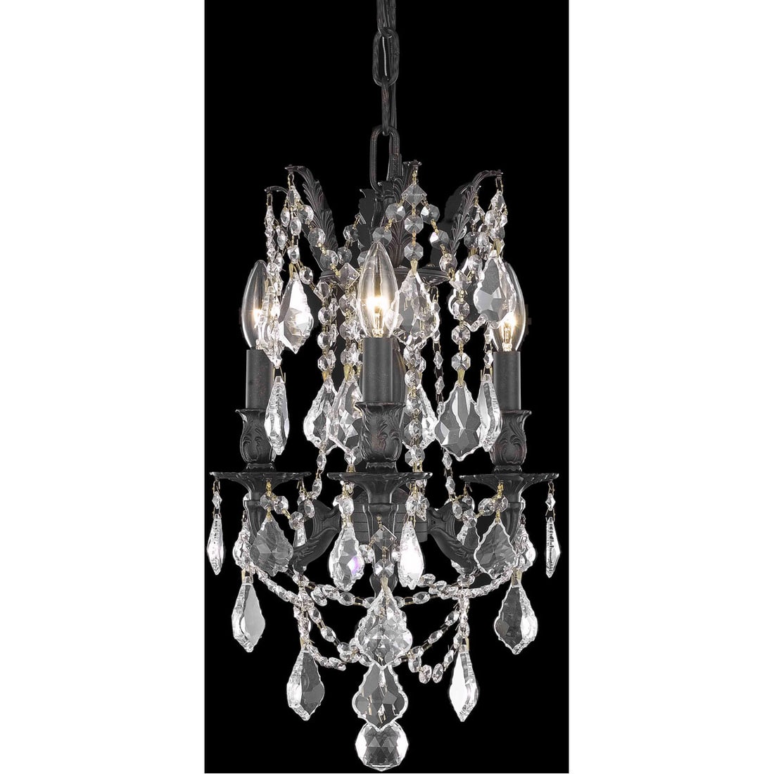 Rosalia 3 Light Dark Bronze Crystal Pendant Fixture: Rosalia 3 Light Dark Bronze Crystal Pendant Fixture This French-inspired pendant chandelier features a dark bronze finish and is adorned with Royal Cut clear crystals, offering a sophisticated and mod