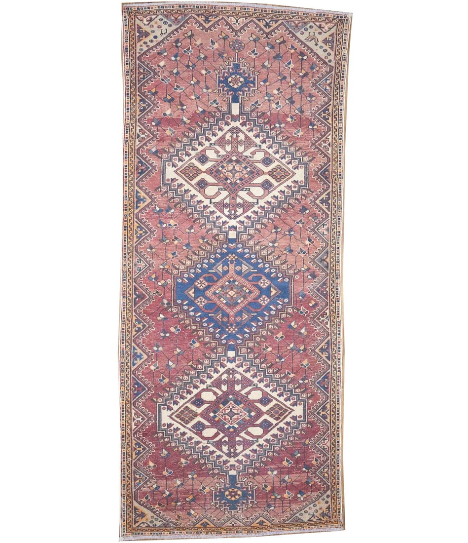 Hand Knotted Wool Geometric Runner 3'10 x 9'3 Vintage Tribal: Hand Knotted Wool Geometric Runner 3'10 x 9'3 Vintage Tribal This semi-antique handmade Oriental runner rug features a hand-knotted wool construction with a distressed finish, offering a unique vintag