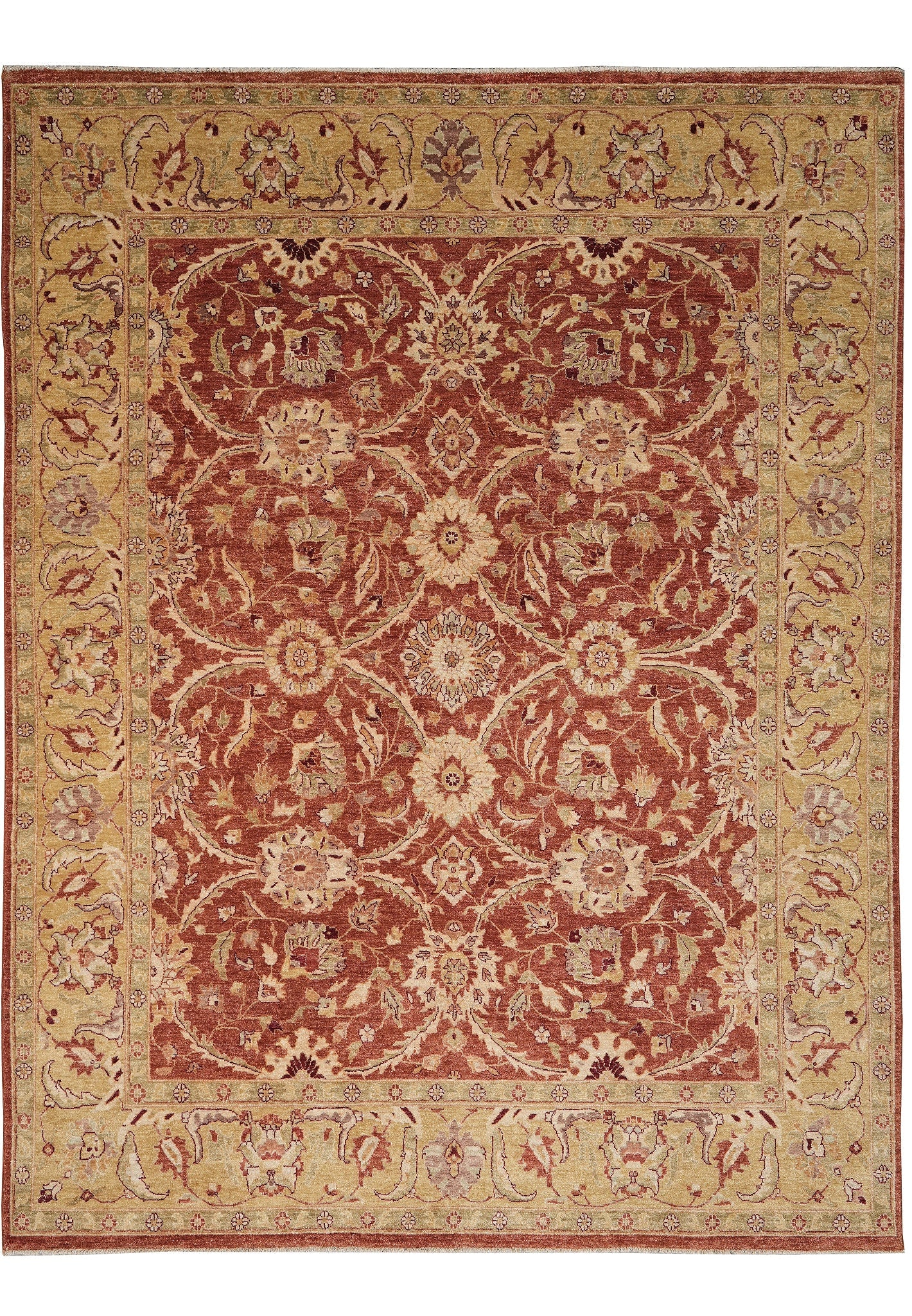 8 x 10 Natural Wool Handmade Chobi Ziegler Rug Rust Green Gold: 8 x 10 Natural Wool Handmade Chobi Ziegler Rug Rust Green Gold Free continental US Shipping A handmade Chobi Ziegler rug in an 8 x 10 size, featuring a rust, green, and gold palette. Crafted in Pakist