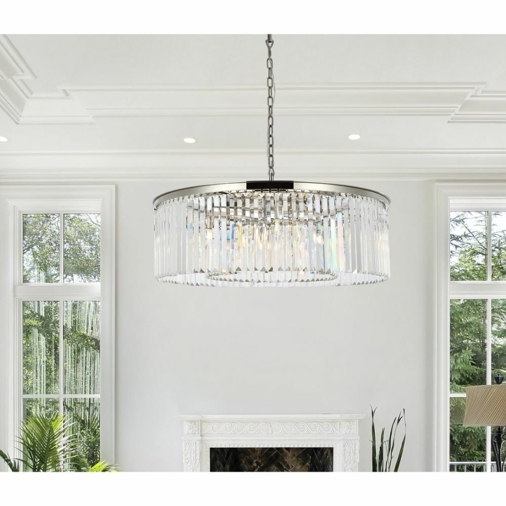 Sydney 10 Light Crystal Chandelier Polished Nickel 43.5 in: Sydney 10 Light Crystal Chandelier Polished Nickel 43.5 in Modern 10-light chandelier with a polished nickel finish and clear crystal detailing. It features a hardwired design, adjustable height, and 