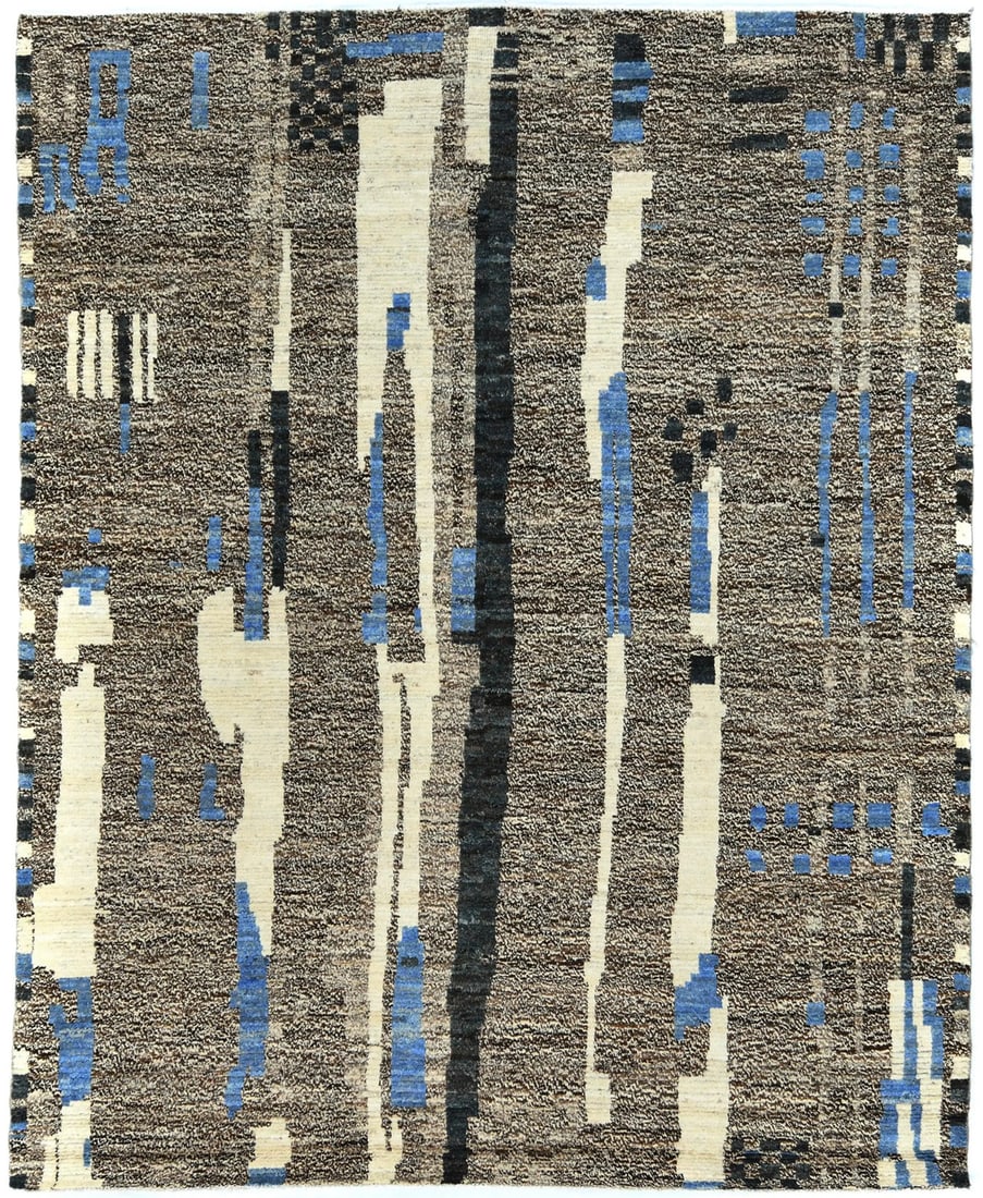 Hand-Knotted Wool Area Rug 8'2 x 10' Abstract Moroccan Modern Design: Hand-Knotted Wool Area Rug 8'2 x 10' Abstract Moroccan Modern Design This handmade Moroccan-style oriental rug features a striking abstract pattern in multicolored tones, including brown, blue, charco