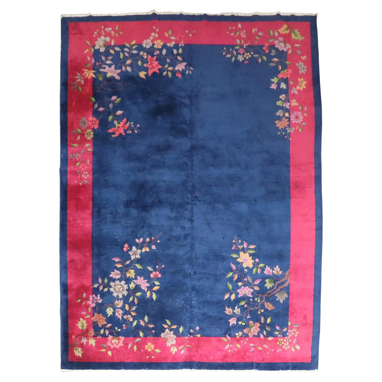 Antique Chinese Art Deco Carpet Bright Navy Pink Hand-Knotted Wool 8'10 x 11'7: Antique Chinese Art Deco Carpet Bright Navy Pink Hand-Knotted Wool 8'10 x 11'7 This stunning Zabihi Collection Bright Navy Pink Antique Chinese Art Deco Carpet features a vibrant color palette with in