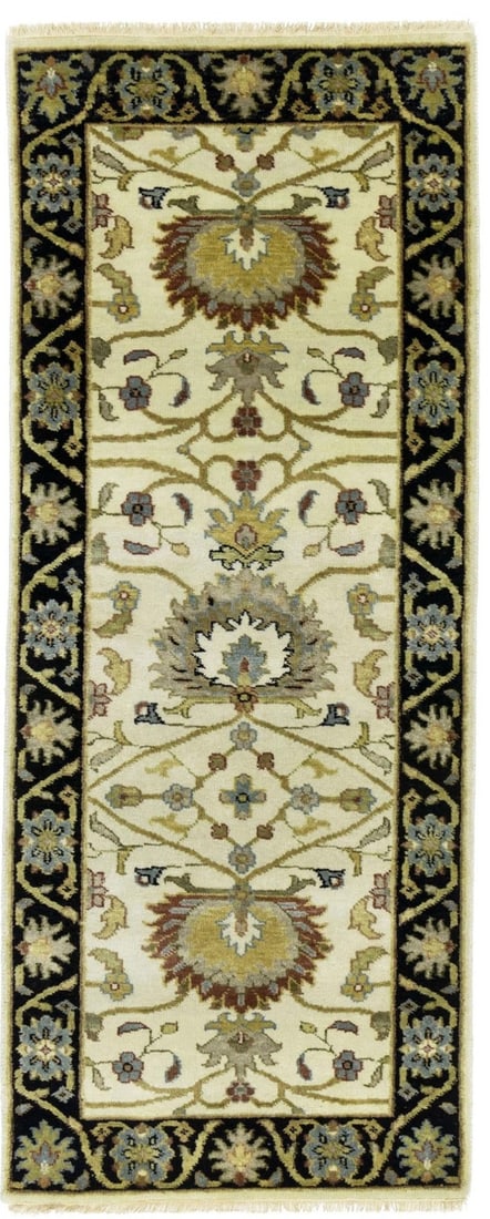 Hand Knotted Wool Floral Peshawar Runner 2'5 x 5'11: Hand Knotted Wool Floral Peshawar Runner 2'5 x 5'11 This hand-knotted Osh Chobi Peshawar runner rug features a traditional floral design in a variety of colors including cream, black, rusty red, tan, 