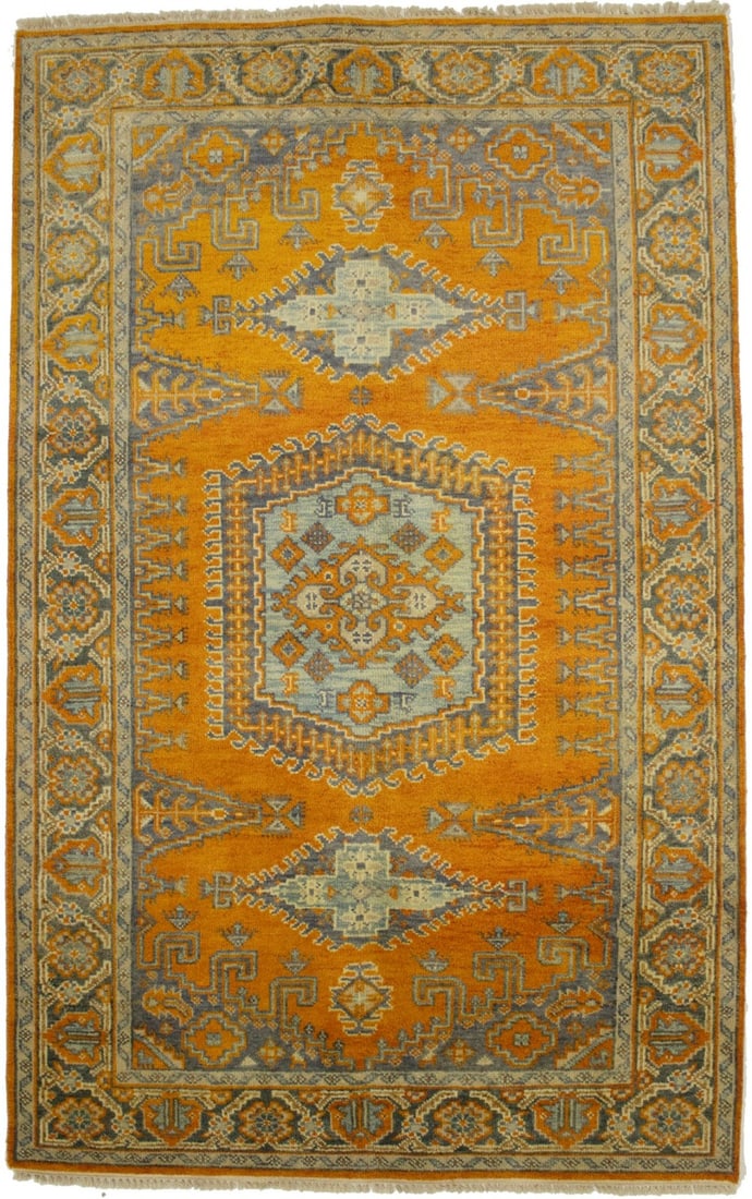Geometric Wool Area Rug Hand-Knotted Indo-Viss Tribal Modern 4'11 x 7'10: Geometric Wool Area Rug Hand-Knotted Indo-Viss Tribal Modern 4'11 x 7'10 This hand-knotted Indo-Viss oriental rug features a geometric tribal design with a blend of orange, gray, beige, brown, and lig