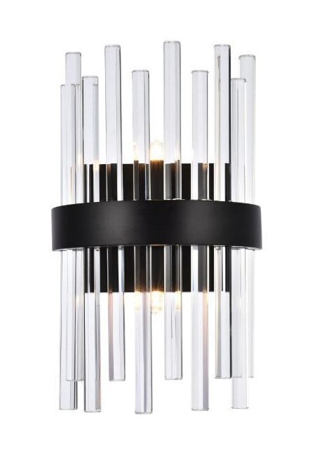 Dallas 2 Light Black Crystal Wall Sconce 14 Inch: Dallas 2 Light Black Crystal Wall Sconce 14 Inch This modern wall sconce features a sleek black finish with royal cut clear crystal accents, providing a sophisticated lighting solution for indoor spac
