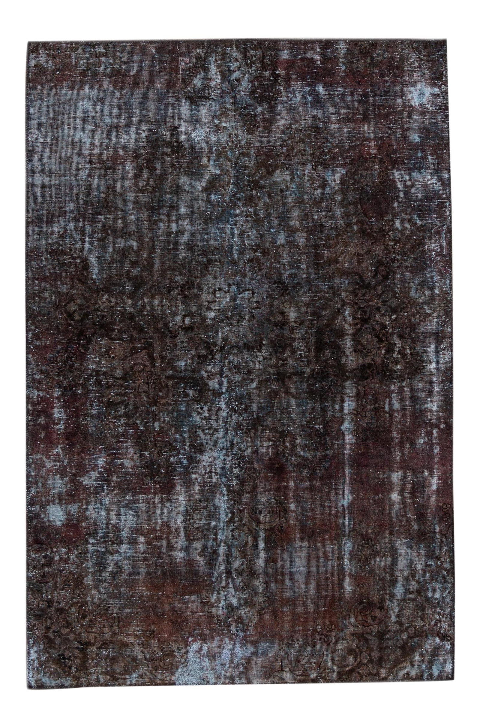 Mid-20th Century Hand-Knotted Black Wool Turkish Rug 4'11" x 7'5": Mid-20th Century Hand-Knotted Black Wool Turkish Rug 4'11" x 7'5" Enhance your living space with this exquisite hand-knotted vintage Turkish rug, showcasing a unique distressed design. Measuring 4'11"