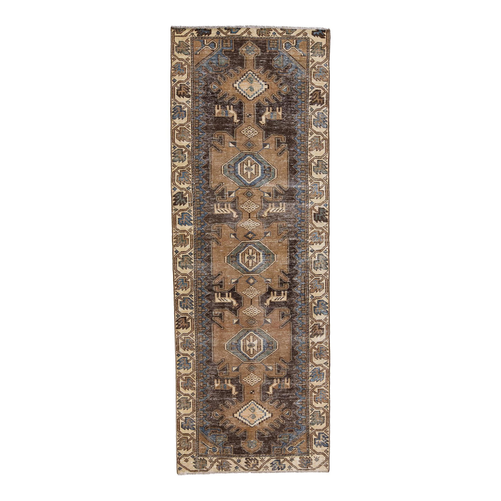 Vintage Persian Hand-Knotted Wool Runner 3'5 x 9'8 Tribal Design: Vintage Persian Hand-Knotted Wool Runner 3'5 x 9'8 Tribal Design This stunning vintage Persian runner features a distressed hand-knotted design, showcasing a rich brown color field complemented by a b