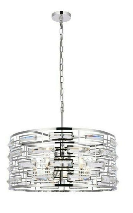 Kennedy 5-Light Chrome Crystal Pendant Chandelier 24 Inch: Kennedy 5-Light Chrome Crystal Pendant Chandelier 24 Inch This modern crystal chandelier features a polished chrome finish and a round, open sphere design with exposed light bulbs. It accommodates fiv