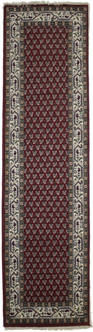 Handmade Wool Runner Rug 2'5 x 9'11 Red Floral Pattern Modern Hallway Decor: Handmade Wool Runner Rug 2'5 x 9'11 Red Floral Pattern Modern Hallway Decor Enhance your space with this exquisite hand-knotted red Oriental runner rug, featuring an allover floral pattern that comple