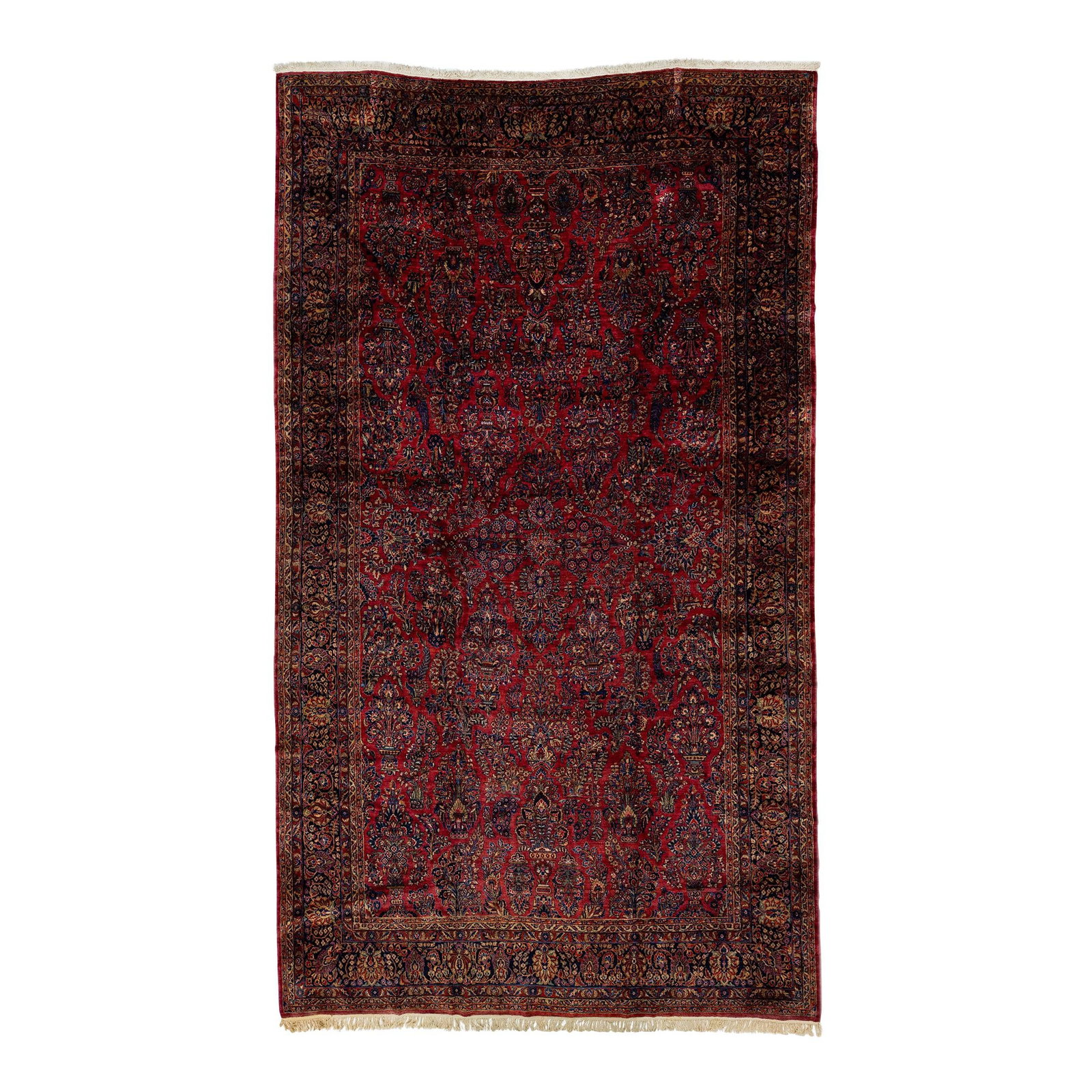 Antique Persian Sarouk Wool Rug 11'4 x 19'6 Red Floral Design: Antique Persian Sarouk Wool Rug 11'4 x 19'6 Red Floral Design Experience the luxury of this antique Persian Sarouk rug, handcrafted from fine wool. The rug features a striking red field, elegantly fra