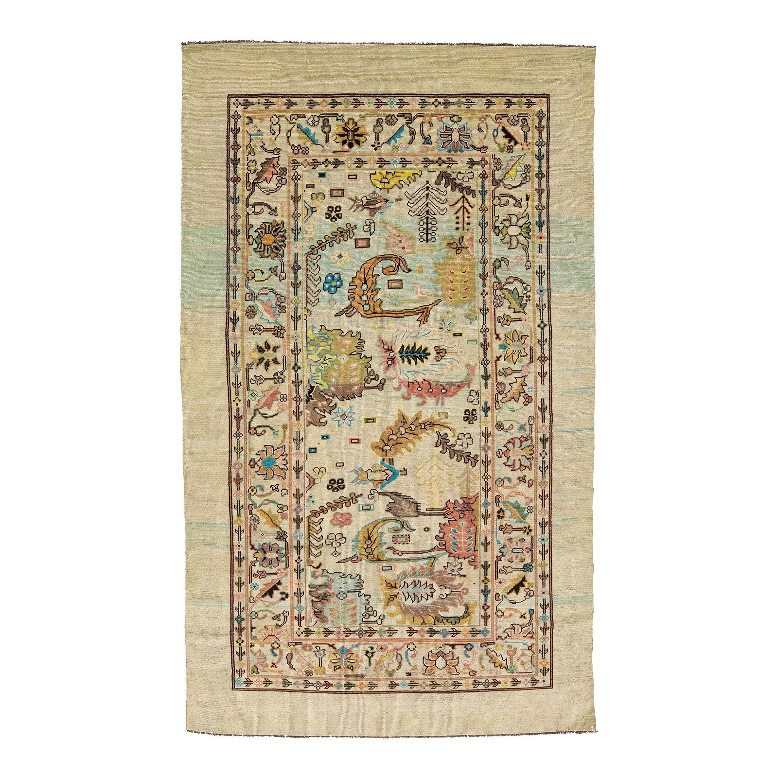 Handmade Floral Motif Beige Wool Rug Mid-Century Modern 6'7 x 11'1: Handmade Floral Motif Beige Wool Rug Mid-Century Modern 6'7 x 11'1 Enhance your living space with this exquisite Mid-Century Modern style handmade wool rug, inspired by 19th-century regional artisans.