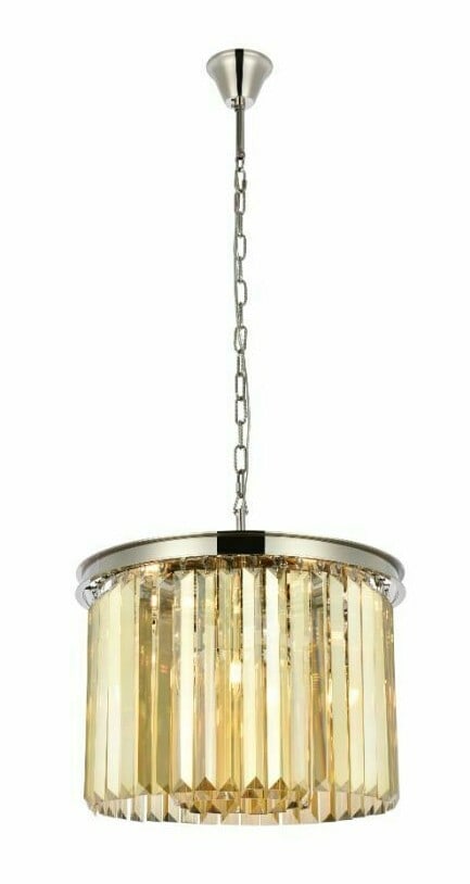 Sydney 20 in Crystal Chandelier Polished Nickel 6 Light: Sydney 20 in Crystal Chandelier Polished Nickel 6 Light Modern crystal chandelier pendant with a polished nickel frame and golden teak royal cut crystals. It is a 6-light indoor fixture with a 20 in. 