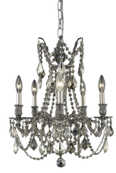 Rosalia Pewter Mini Chandelier 5 Lights Golden Teak Crystals: Rosalia Pewter Mini Chandelier 5 Lights Golden Teak Crystals This modern French-inspired chandelier features a pewter-colored frame adorned with high-quality golden teak royal cut crystals. Designed f