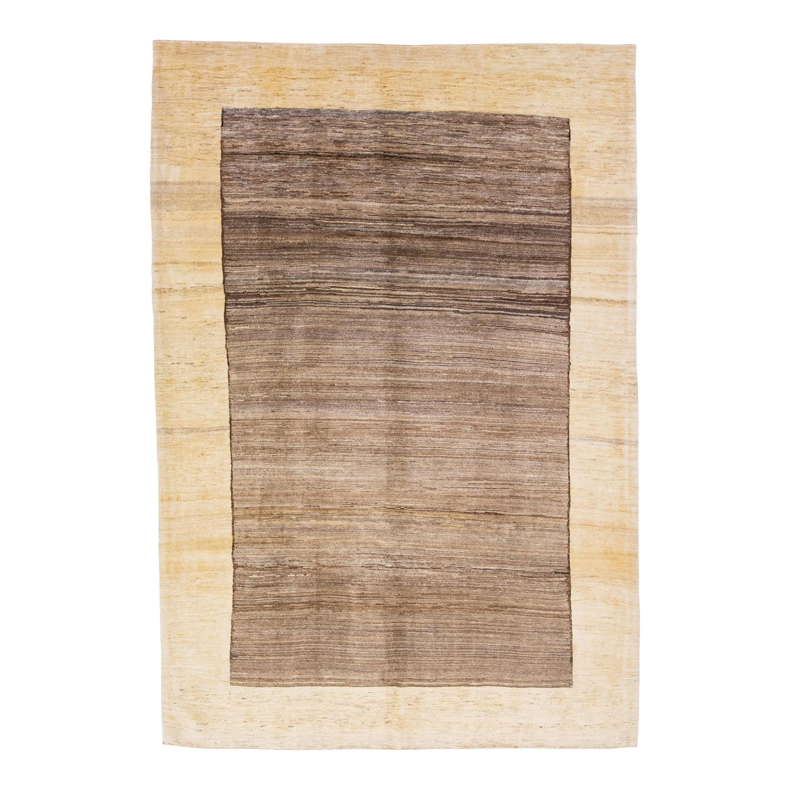 Modern Gabbeh Handmade Wool Rug Brown Beige 6'10 x 9'11: Modern Gabbeh Handmade Wool Rug Brown Beige 6'10 x 9'11 Enhance your living space with this exquisite modern Gabbeh hand-knotted wool rug. Featuring a rich brown field and elegant beige accents, this 