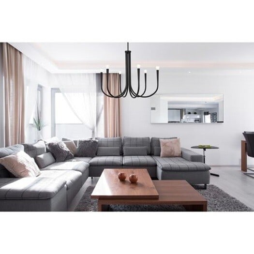 Living District 6 Light Black Farmhouse Chandelier 30 Inch: Living District 6 Light Black Farmhouse Chandelier 30 Inch This black 6-light chandelier features a sturdy iron and steel frame in a farmhouse style reminiscent of wrought iron. Designed for versatile