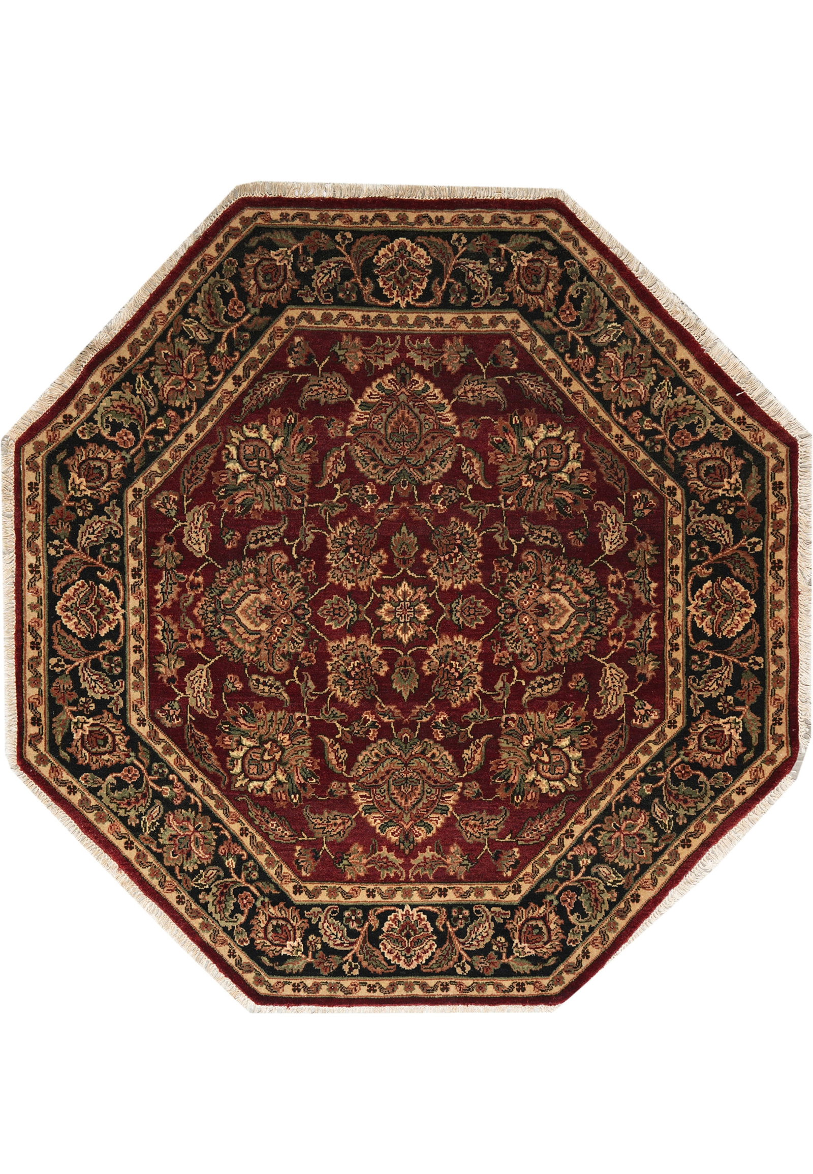 6 x 6.2 Octagonal Hand-Knotted Wool Jaipur Area Rug: 6 x 6.2 Octagonal Hand-Knotted Wool Jaipur Area Rug Free continental US Shipping This handmade Jaipur area rug features an octagonal shape with a traditional floral pattern, a deep burgundy field, and
