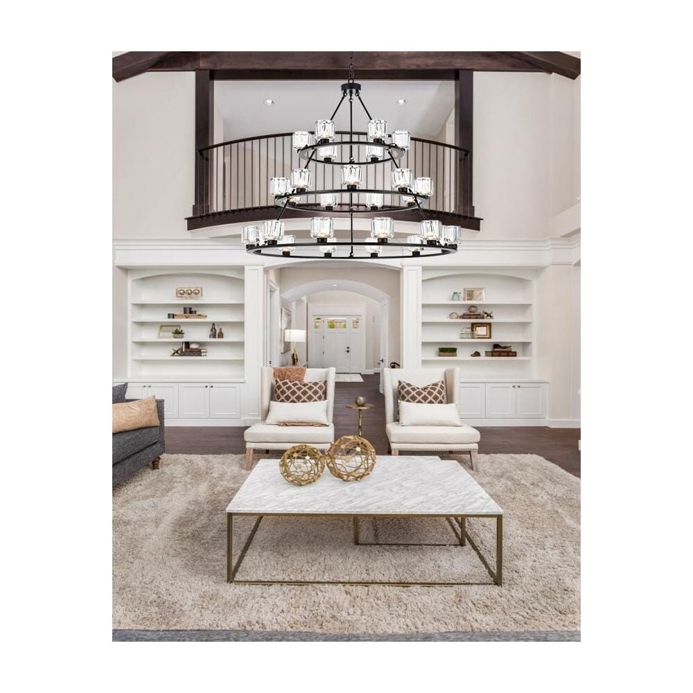 Black 27 Light Cadence Farmhouse Chandelier 48 Inch: Black 27 Light Cadence Farmhouse Chandelier 48 Inch This large 27-light chandelier features a black metal frame with glass shades, designed to make a statement in living rooms, dining rooms, foyers, b