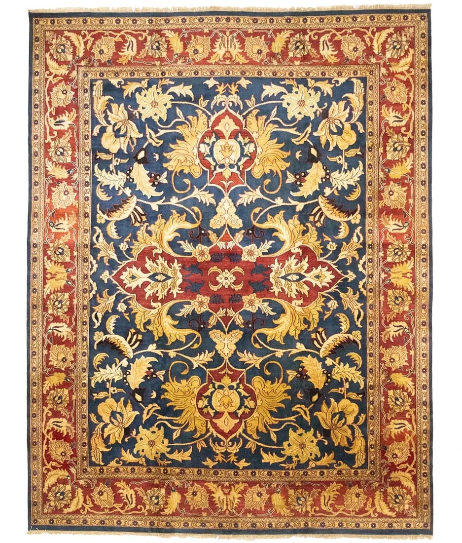 Hand-Knotted Wool Area Rug 11'9 x 15'1 Navy Blue Agra Jaipur Floral Pattern: Hand-Knotted Wool Area Rug 11'9 x 15'1 Navy Blue Agra Jaipur Floral Pattern This handmade Agra Jaipur area rug features a traditional floral pattern in navy blue, rust red, gold, ivory, and black. Cra