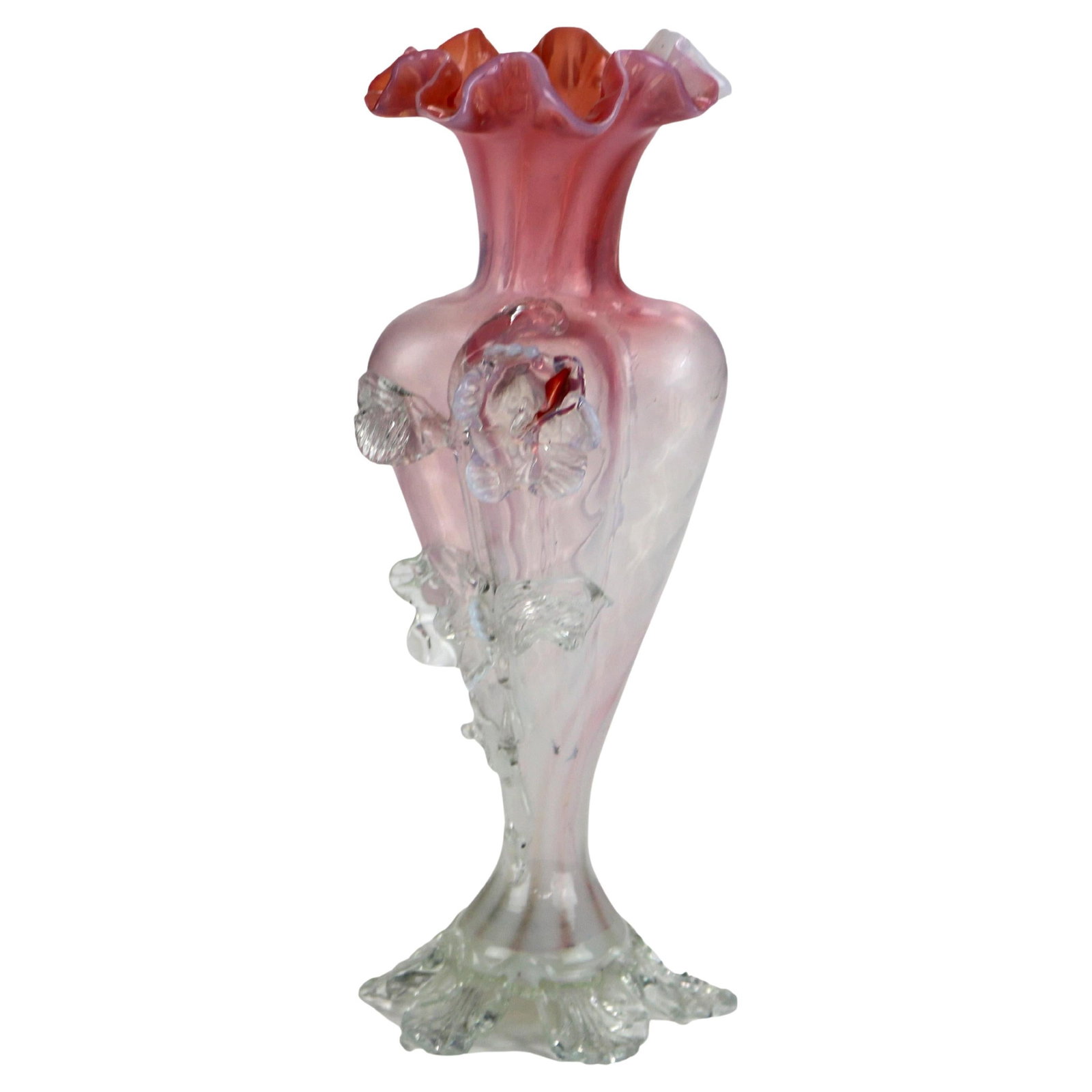 Antique Murano Pink Opaline Swirl Art Glass Vase Circa 1930: Antique Murano Pink Opaline Swirl Art Glass Vase Circa 1930 This exquisite Antique Italian Murano pink and opaline swirl art glass vase, dating back to circa 1930, stands at a height of 4.75 inches. I