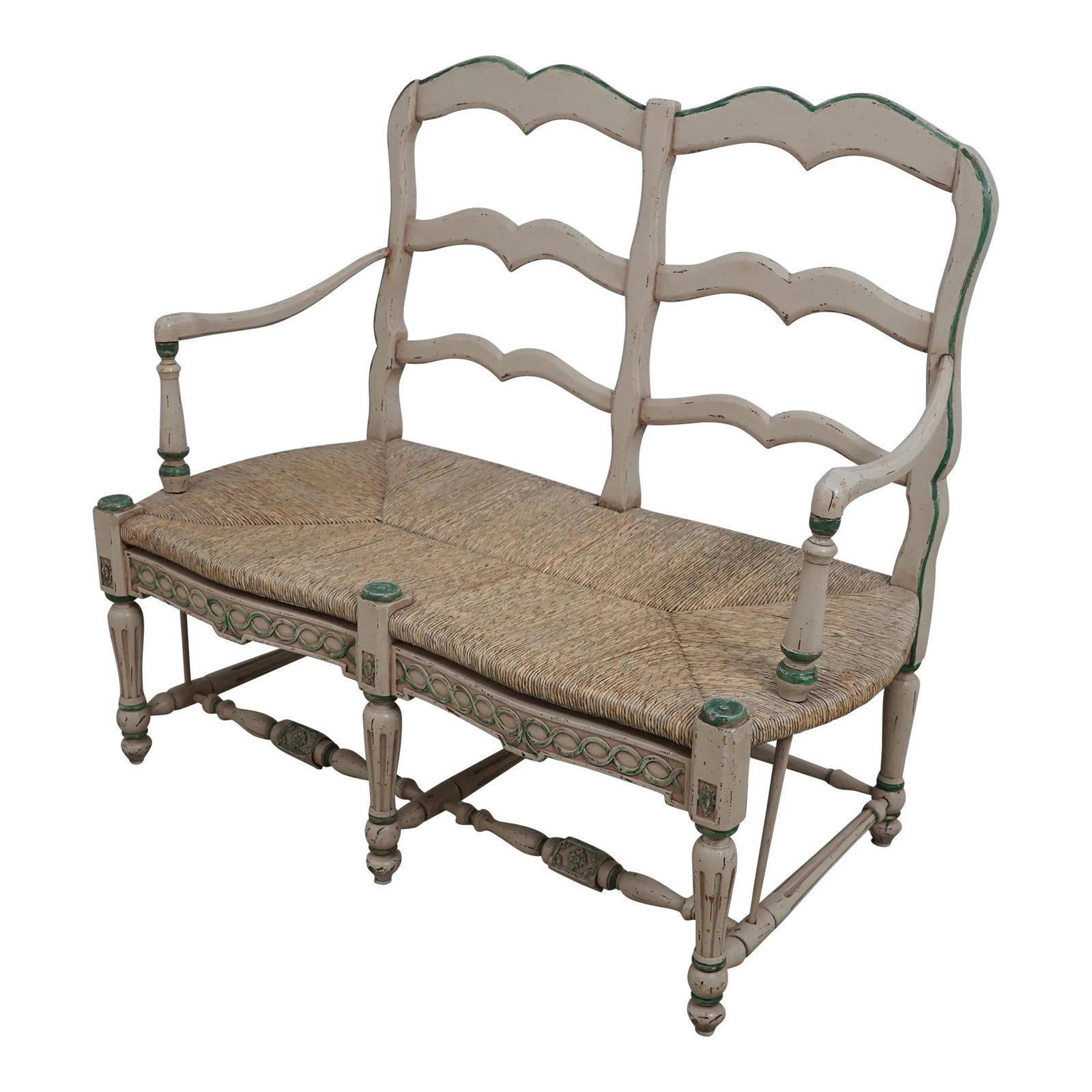 Country French Carved Settee with Rush Seat and Distressed Finish: Country French Carved Settee with Rush Seat and Distressed Finish This Country French style settee beautifully combines functionality with artistic charm. Crafted approximately 20 years ago, it featur