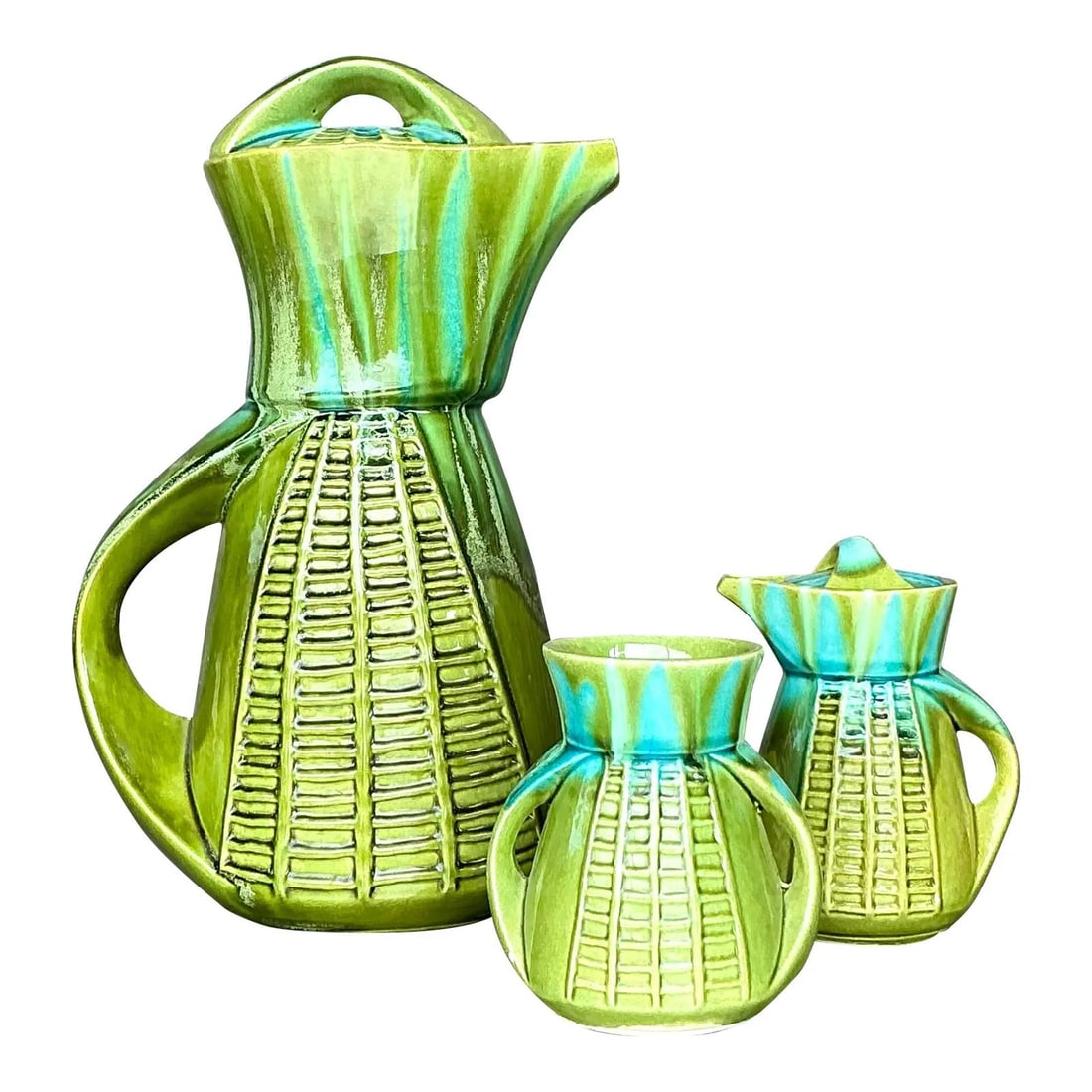 Mid-Century Modern Marcia of California Ceramic Coffee Set 3 Pieces: Mid-Century Modern Marcia of California Ceramic Coffee Set 3 Pieces Embrace the essence of mid-century charm with this vintage glazed ceramic coffee service by Marcia of California. This vibrant three