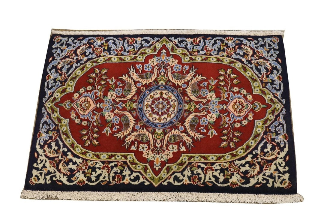 Hand-Knotted Kork Wool Area Rug With Pictorial Birds Motif 2'4 x 3'1: Hand-Knotted Kork Wool Area Rug With Pictorial Birds Motif 2'4 x 3'1 This handmade oriental rug features a classic birds design and is crafted from high-quality kork wool. The rug is hand-knotted with