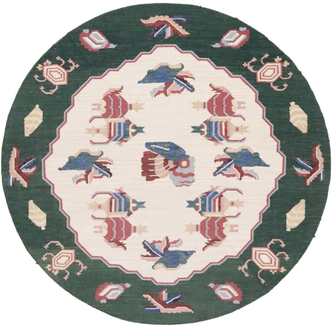 Round Wool Floral Flatweave Rug 7x7 ft Handwoven Dhurrie Needlepoint Style (1 of 17)