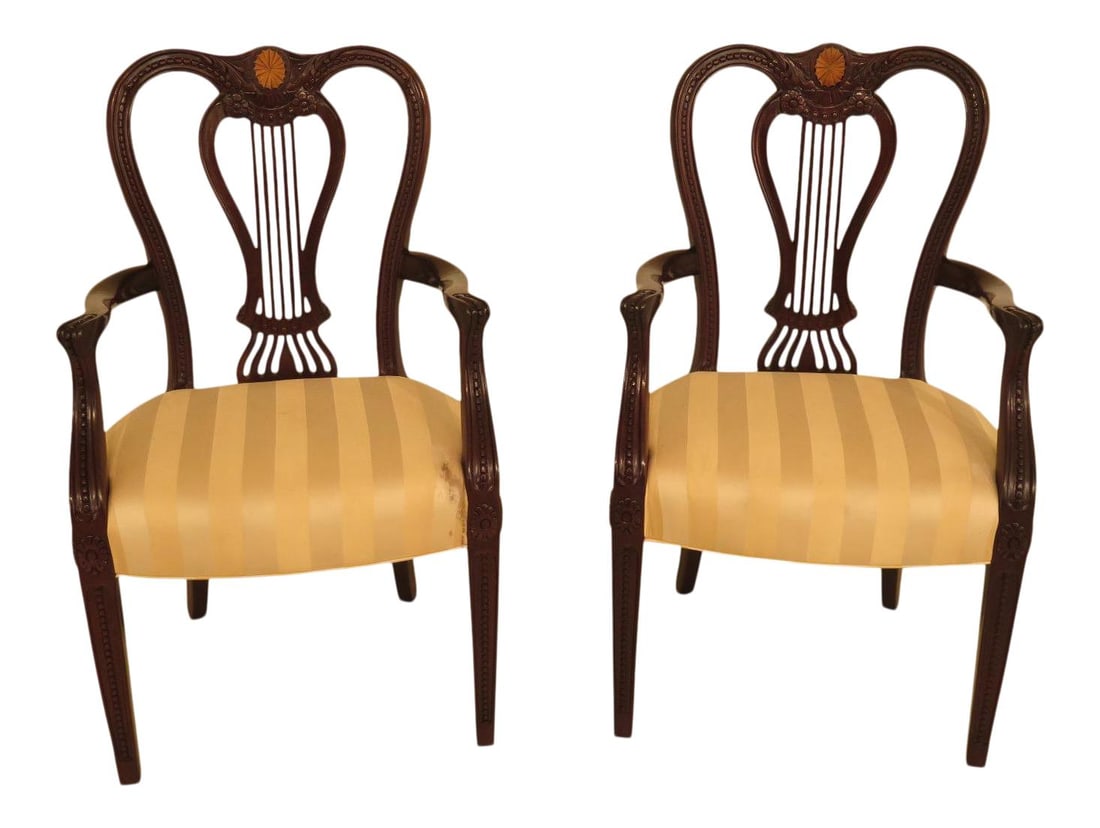 Pair of John Widdicomb Regency Open Arm Chairs Mahogany Fine Carving: Pair of John Widdicomb Regency Open Arm Chairs Mahogany Fine Carving This exquisite pair of Regency open arm chairs showcases fine craftsmanship with solid mahogany construction and intricate carved d