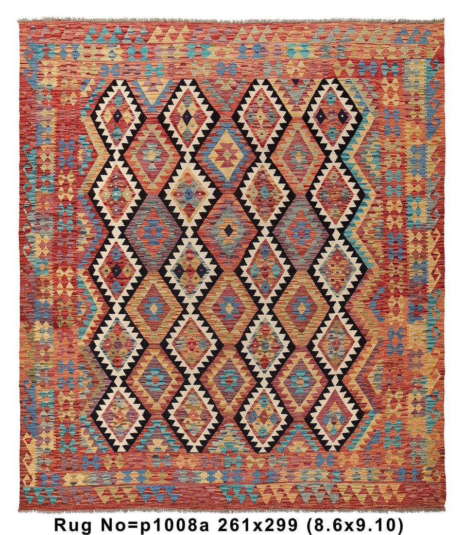 8.7 x 9.10 Handmade Wool Tribal Kilim Rug Eco-Friendly Vegetable Dye: 8.7 x 9.10 Handmade Wool Tribal Kilim Rug Eco-Friendly Vegetable Dye Free continental US Shipping Enhance your space with the 8.7 x 9.10 Flat Weave Handmade Wool Vegetable Dye Tribal Kilim Rug, a stun