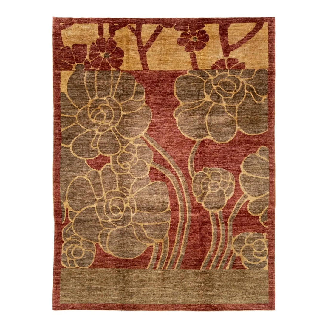 Burgundy Wool Peshawar Rug 8'3 x 10'10 Allover Floral Motif: Burgundy Wool Peshawar Rug 8'3 x 10'10 Allover Floral Motif This handmade transitional Peshawar rug from Pakistan is hand-knotted in wool and showcases bold, stylized floral motifs in golden beige set