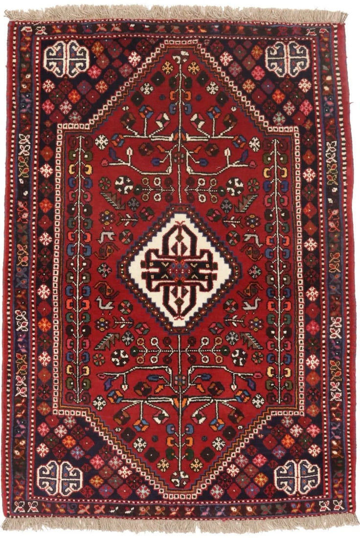 Handmade Wool Tribal Floral Area Rug 3'5 x 5'1 Red Boho Style: Handmade Wool Tribal Floral Area Rug 3'5 x 5'1 Red Boho Style This hand-knotted area rug features a vibrant red background adorned with tribal floral motifs, ideal for adding a boho or farmhouse touch