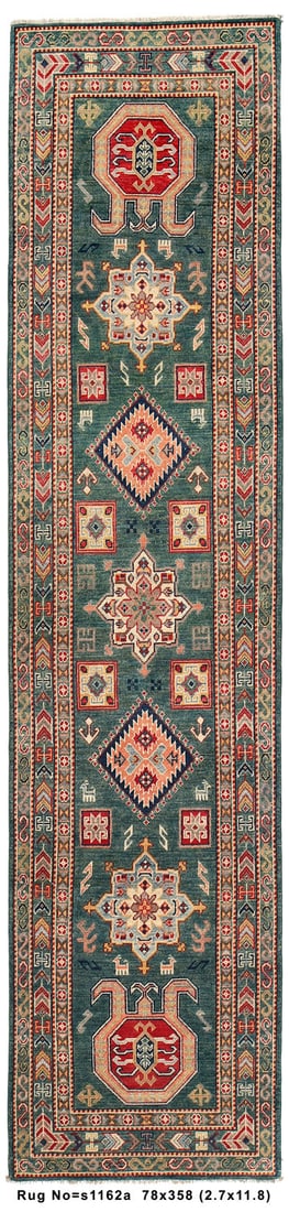 Authentic Kazak 2.7 x 11.9 Green Handmade Runner Rug: Authentic Kazak 2.7 x 11.9 Green Handmade Runner Rug Free continental US Shipping Elevate your space with this stunning 2.7 x 11.9 Green Long Handmade Runner Kazak Rug, a true testament to Kazak craft