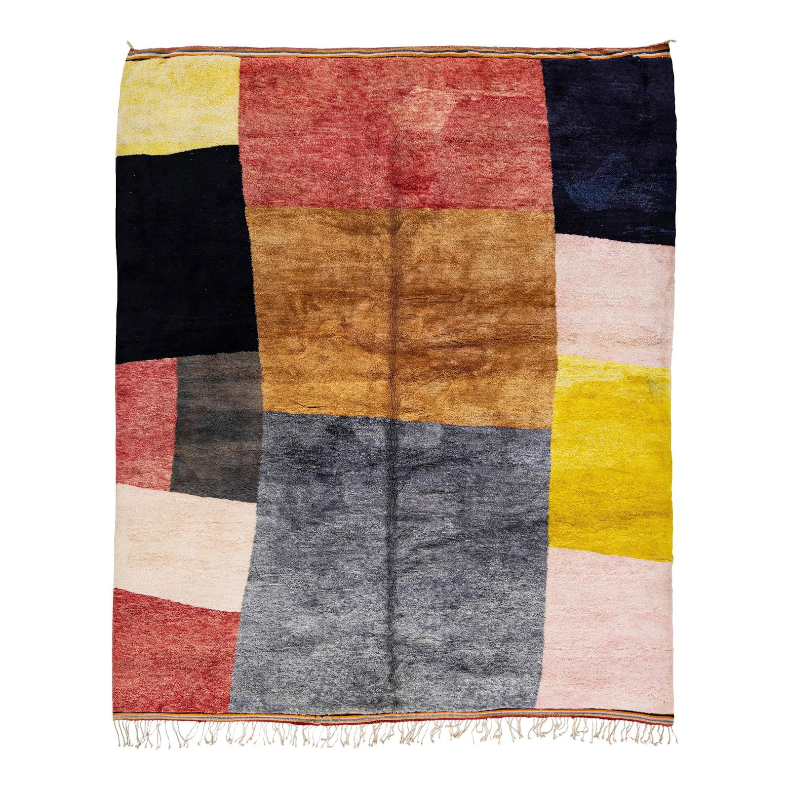 Handmade Modern Moroccan Abstract Multicolor Wool Rug 10'8 x 12'11: Handmade Modern Moroccan Abstract Multicolor Wool Rug 10'8 x 12'11 This stunning Moroccan hand-knotted wool rug features a vibrant multicolor field adorned with a geometric abstract design. The rug is