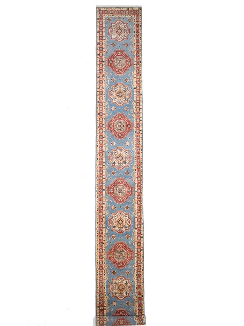 Hand Knotted Wool Kazak Tribal Geometric Runner 2'8 x 20'8: Hand Knotted Wool Kazak Tribal Geometric Runner 2'8 x 20'8 Enhance your space with this stunning Tribal Geometric Kazak Runner Rug, a perfect blend of style and functionality. Measuring 2'8" x 20'8" (