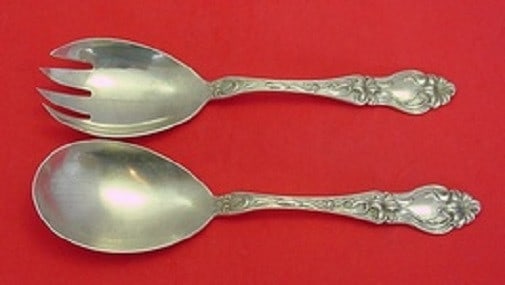 Frank Whiting Lily Sterling Silver Salad Serving Set 8.5" Ovoid: Frank Whiting Lily Sterling Silver Salad Serving Set 8.5" Ovoid This elegant salad serving set features the classic "Lily" pattern by Frank Whiting, made from high-quality sterling silver. The ovoid s