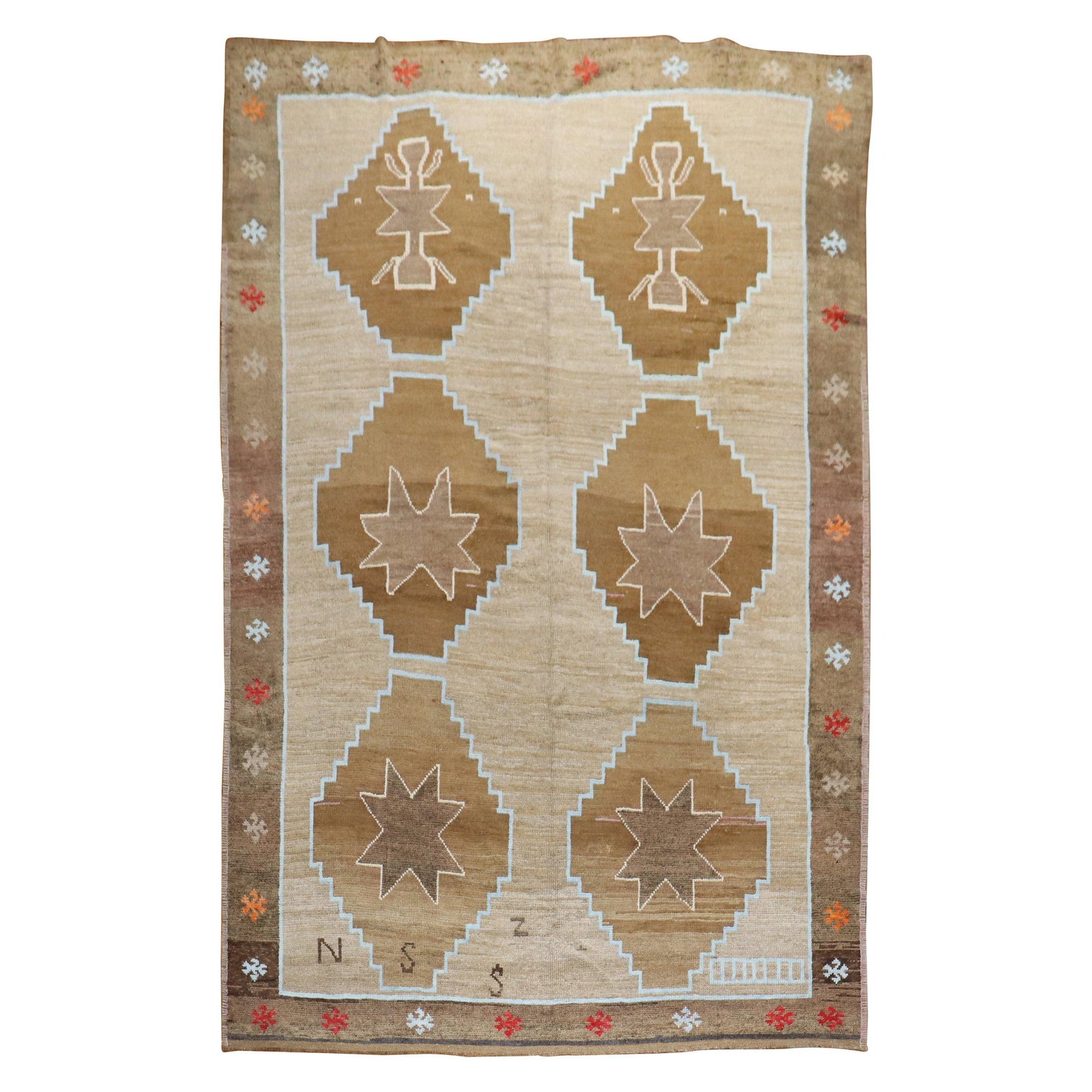 Mid-20th Century Turkish Hand-Knotted Wool Rug with Brown Medallions: Mid-20th Century Turkish Hand-Knotted Wool Rug with Brown Medallions This striking Turkish kars rug features a distinctive archaistic style, showcasing a camel-colored ground adorned with six large br