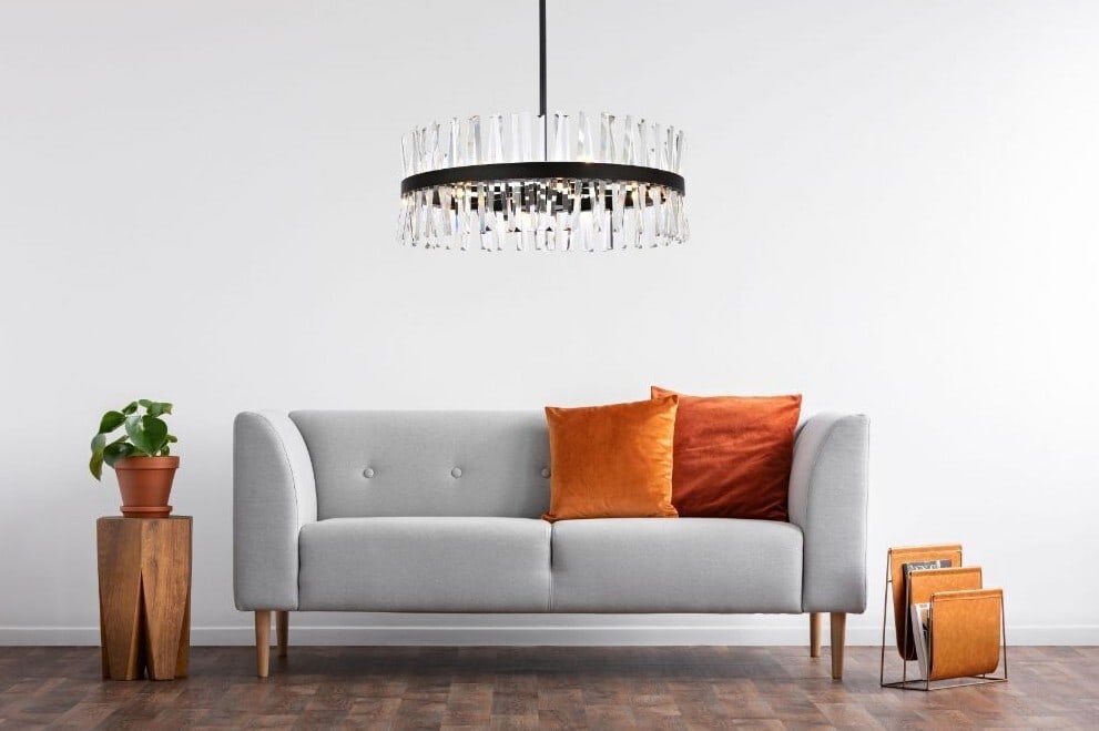 Serephina 16-Light Crystal Chandelier Black 32 in: Serephina 16-Light Crystal Chandelier Black 32 in Modern black crystal chandelier with a 16-light design and clear Royal Cut crystals. It features a hardwired installation, halogen lighting, ETL ratin