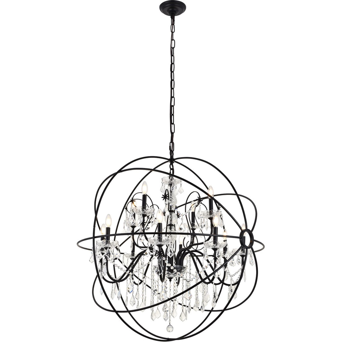 Cordelia 12 Light Crystal Orb Chandelier Black 43.5 in: Cordelia 12 Light Crystal Orb Chandelier Black 43.5 in Modern 12-light chandelier with a black finish, clear Royal Cut crystals, and a metal/glass construction. It is height-adjustable, hardwired, and