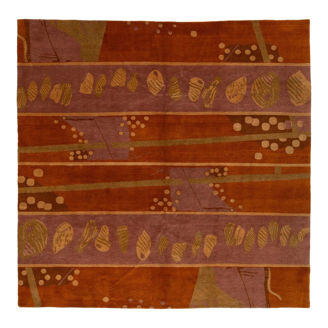 8'10" Square Modern Tibetan Wool Silk Rug With Terracotta and Plum Abstract Design: 8'10" Square Modern Tibetan Wool Silk Rug With Terracotta and Plum Abstract Design This hand-knotted Tibetan rug is crafted from a luxurious blend of wool and silk, showcasing meticulous contemporary 