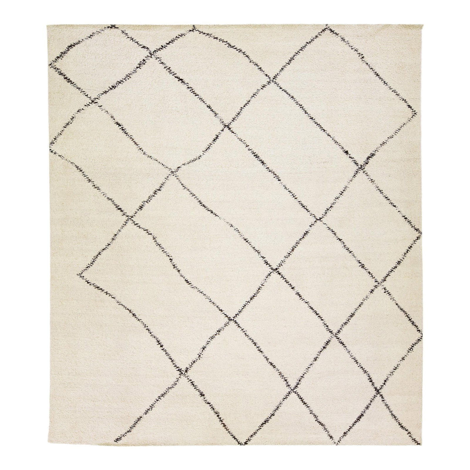 Handmade Moroccan Wool Rug 12' x 15' Ivory Geometric Design: Handmade Moroccan Wool Rug 12' x 15' Ivory Geometric Design Enhance your space with this stunning modern Moroccan style hand-knotted wool rug. Featuring an elegant ivory field adorned with a striking 