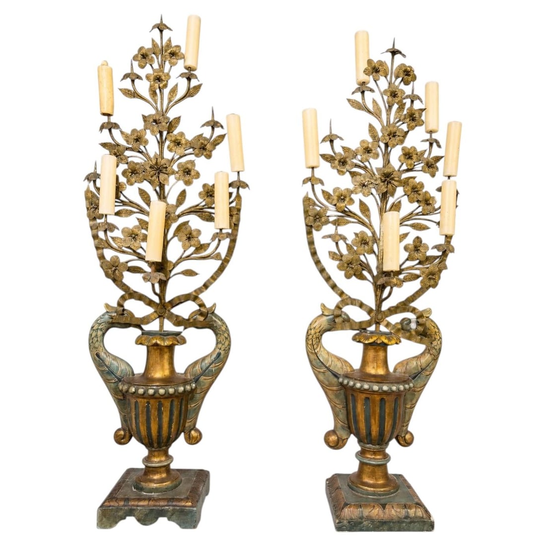 Pair Italian giltwood dolphin candelabra with floral tole branches (1 of 10)