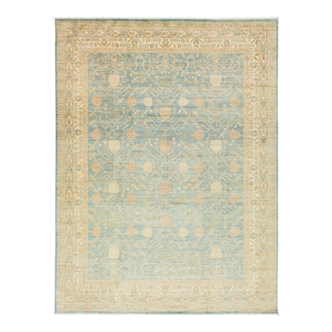 Handmade Modern Khotan Style Wool Rug 9'1 x 12 Blue Allover Design: Handmade Modern Khotan Style Wool Rug 9'1 x 12 Blue Allover Design Elevate your space with this exquisite modern Khotan-style hand-knotted wool rug, featuring a serene light blue field accented with e
