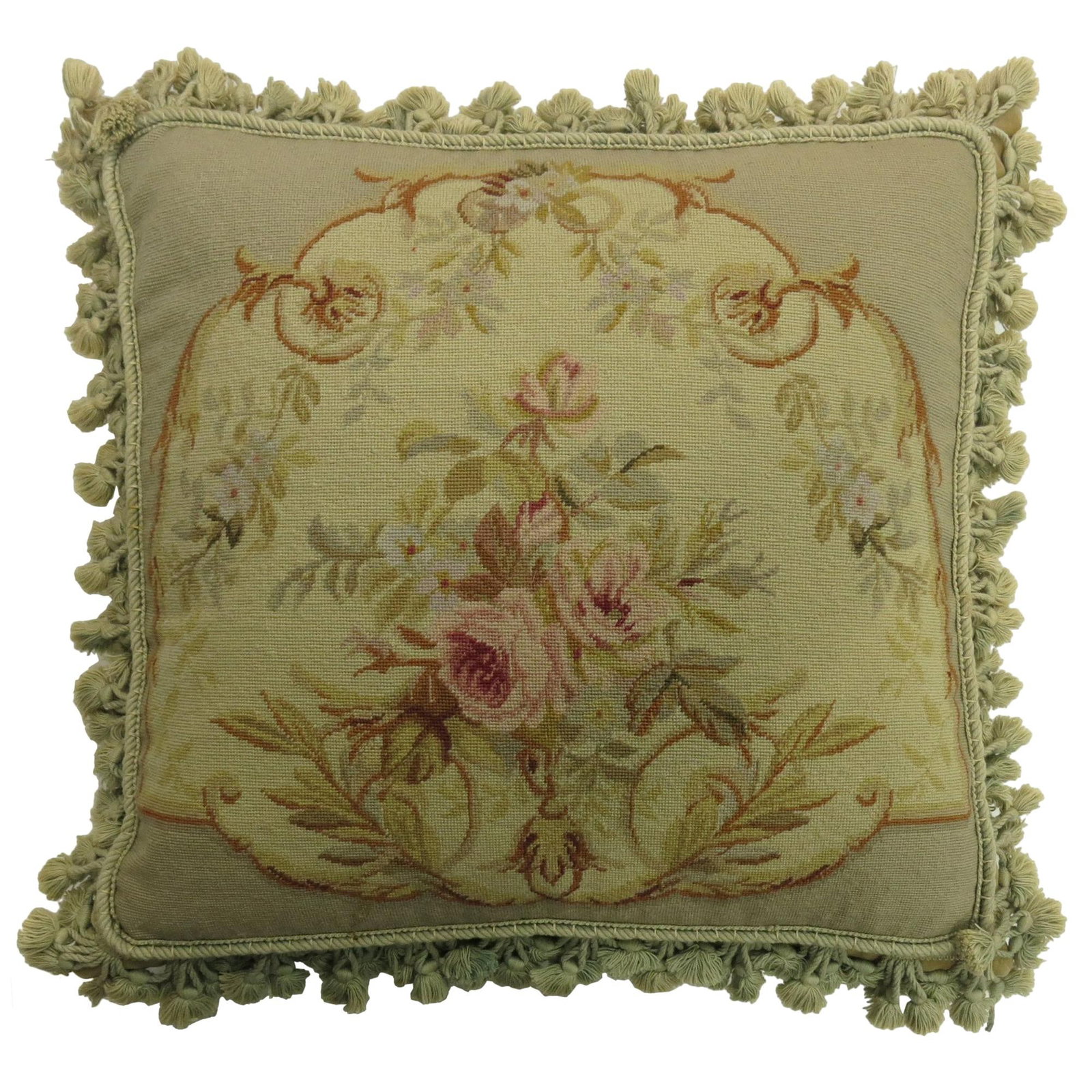 French Aubusson Floral Pillow with Green Tassels 19th Century 19 x 21: French Aubusson Floral Pillow with Green Tassels 19th Century 19 x 21 This authentic stand-alone pillow is crafted from a 19th-century French Aubusson rug, featuring a floral motif and green tasseled 