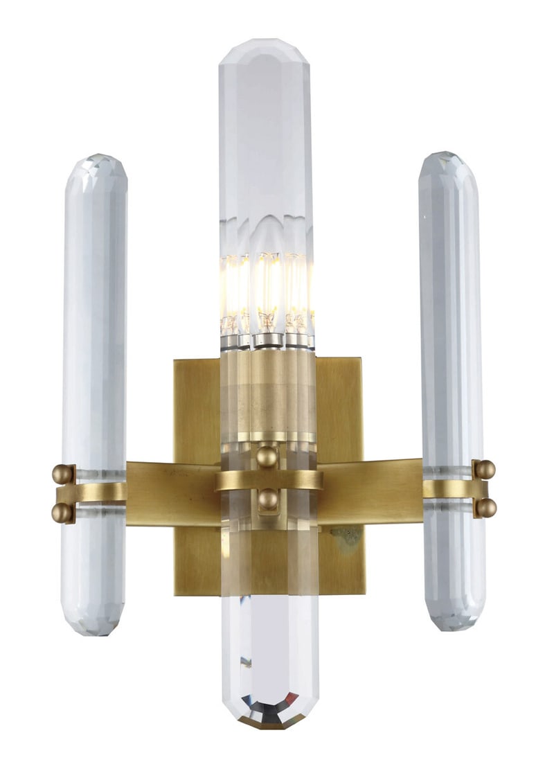 Lincoln 1 Light Burnished Brass Crystal Wall Sconce 15 inch: Lincoln 1 Light Burnished Brass Crystal Wall Sconce 15 inch This modern wall sconce from the Lincoln Collection features a burnished brass frame paired with clear crystal and glass accents, offering a
