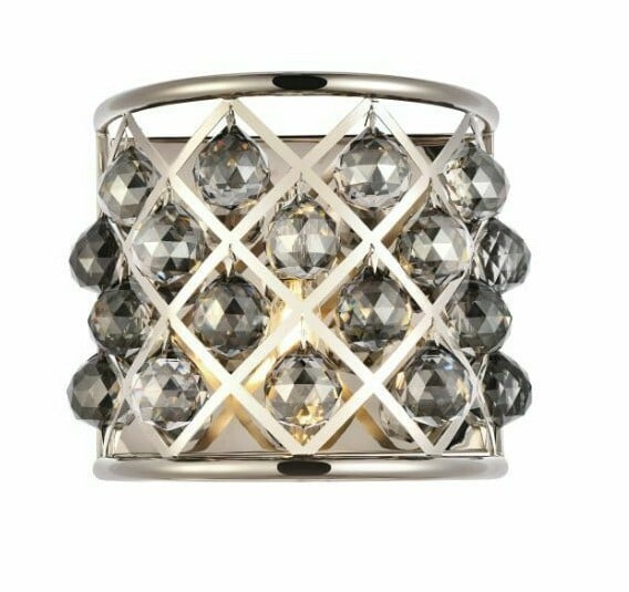 Madison wall sconce polished nickel crystal shade 11.5 in: Madison wall sconce polished nickel crystal shade 11.5 in This modern wall sconce light fixture features a polished nickel finish with crystal glass and metal construction. It is designed for indoor u