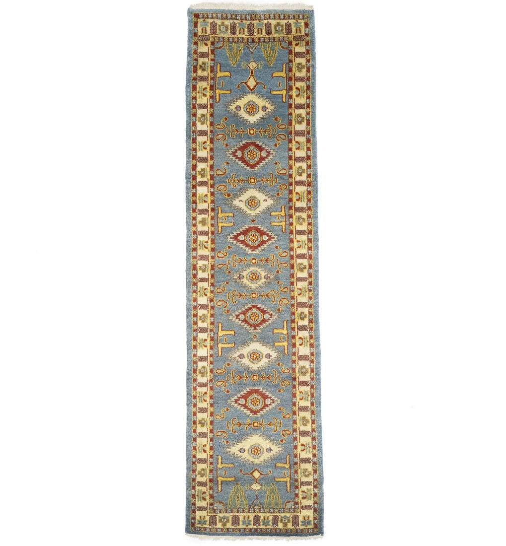 Kazak Wool Hand Knotted Tribal Runner 2'9 x 9'9: Kazak Wool Hand Knotted Tribal Runner 2'9 x 9'9 This Kazak runner rug features a tribal geometric design with blue-gray, cream, rusty red, gold, and other accent colors. Hand-knotted in India from woo