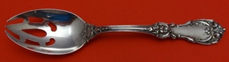 Reed and Barton Burgundy Sterling Silver Slotted Serving Spoon 8.25": Reed and Barton Burgundy Sterling Silver Slotted Serving Spoon 8.25" Presenting the Burgundy serving spoon by Reed and Barton, crafted from high-quality sterling silver. This slotted spoon features an