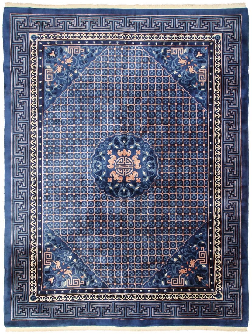 Hand Knotted Blue Wool Art Deco Chinese Dragon Rug 8x11: Hand Knotted Blue Wool Art Deco Chinese Dragon Rug 8x11 This vintage Art Deco area rug from China, dating to around 1960, features a striking design with geometric dragon heads and bat motifs. Hand-kn