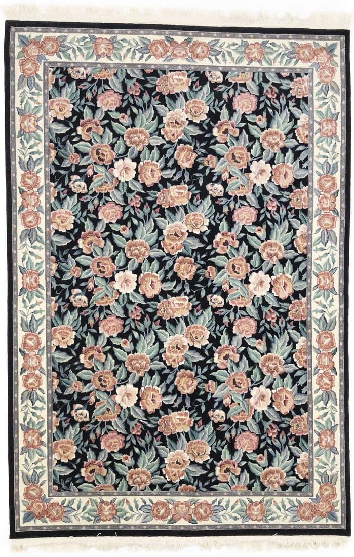 6x9 Wool Area Rug Modern Floral Hand-Knotted Thick Pile Carpet: 6x9 Wool Area Rug Modern Floral Hand-Knotted Thick Pile Carpet This hand-knotted area rug features a modern floral garden design in a blend of black, cream, teal, pink, and gold tones. Crafted from wo